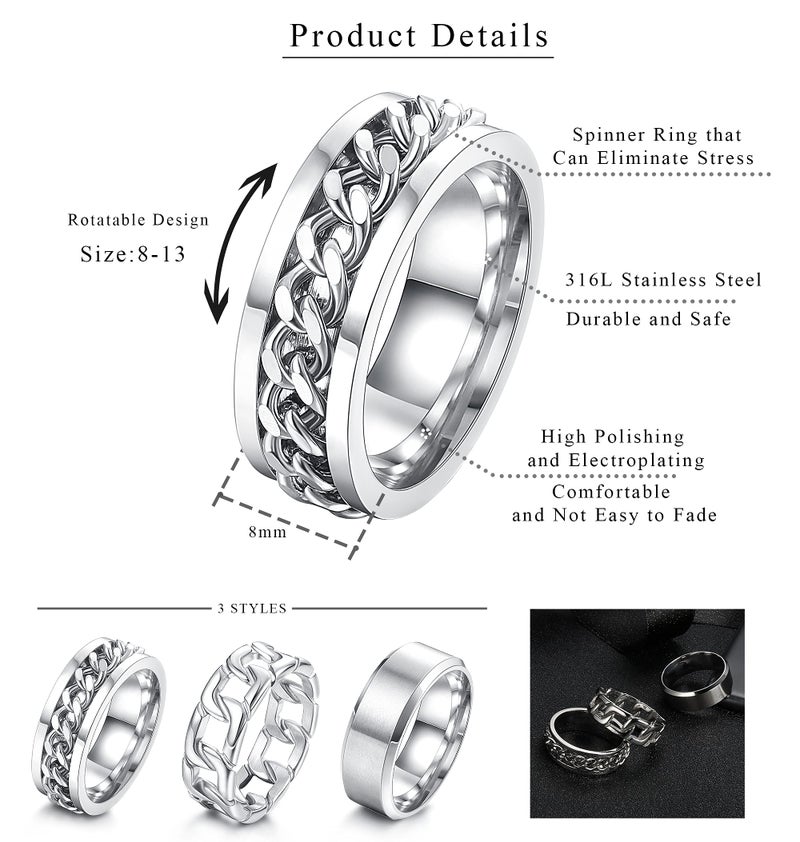 ORAZIO Mens Rings 3Pcs Silver Rings for Men Women Stainless Steel Plain Band Ring Cuban Link Chain Rings Spinner Ring Men's Promise Wedding Rings Set,Size 9 - Image 3